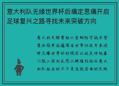 意大利队无缘世界杯后痛定思痛开启足球复兴之路寻找未来突破方向